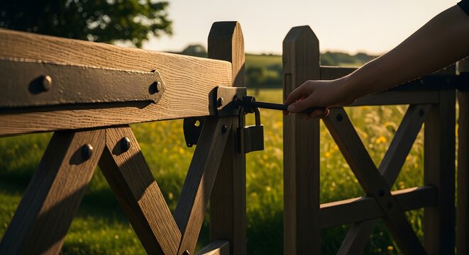 Hand using key to unlock padlock on wooden gate