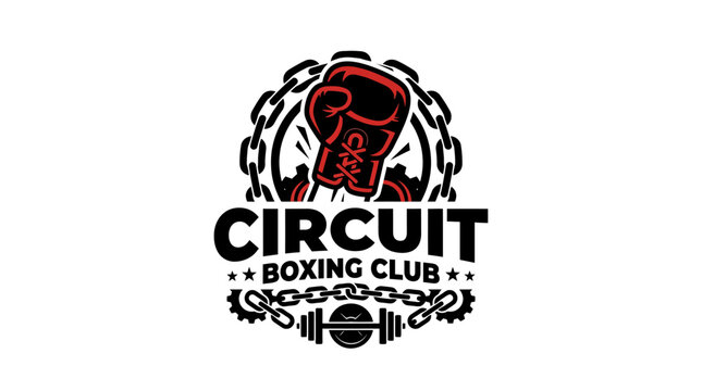 Boxing club emblem with glove and chains, graphic element