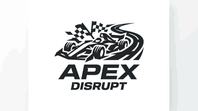 Vector racing car logo with checkered flags and text "APEX DISRUPT"