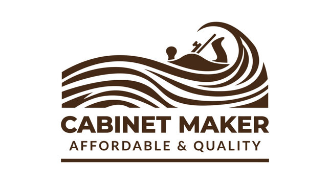 Cabinet maker logo with wood plane and wavy lines representing craftsmanship and quality