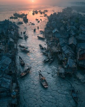 Sunrise aerial shot over tropical fishing hamlet and waterways