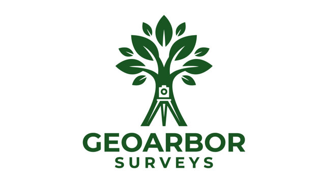 Green tree logo with surveying tripod, modern graphic element for environmental services