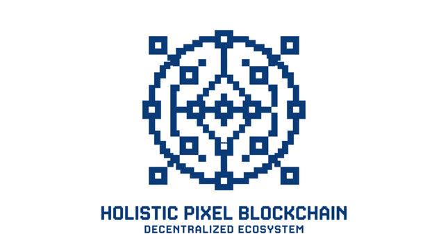Pixel art blockchain logo with text, decentralized ecosystem concept