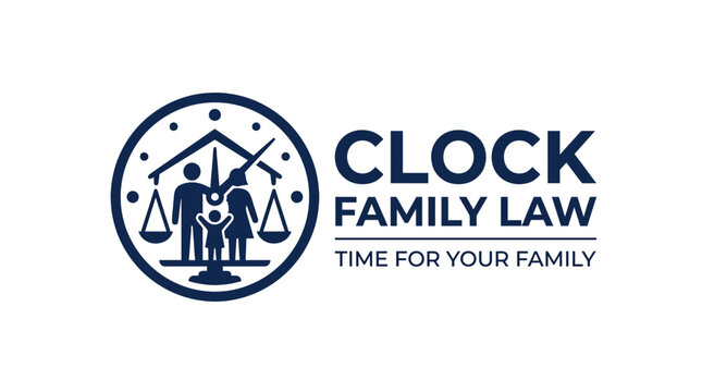 Family law logo with scales of justice and clock element