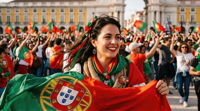 Young woman celebrating Portugal Day holding national flag in Lisbon city square. Happy girl enjoying patriotic festival and public parade with waving flags. Cultural holiday event.