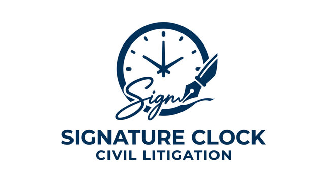 Clock with pen logo for legal services, symbolizing time and signature in civil litigation.