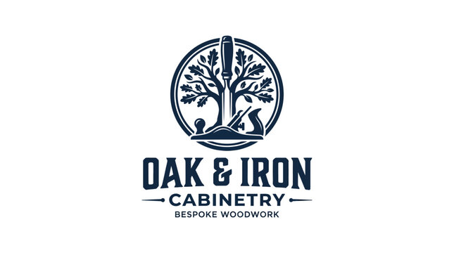 Woodworking carpentry logo with tree and tools, oak and iron cabinetry concept