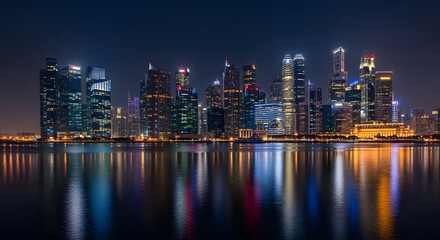 Obraz premium Illuminated city skyline reflecting in water