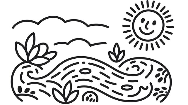 Landscape scene with a smiling sun, clouds, and wavy river with plants, black and white line nature and outdoor environment concept