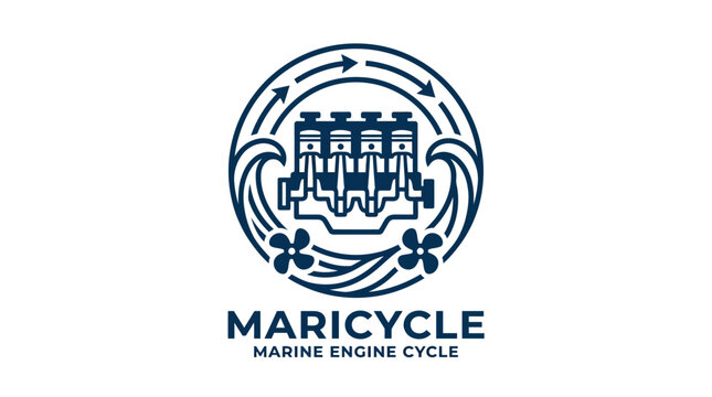 Marine engine cycle logo with stylized waves and propellers