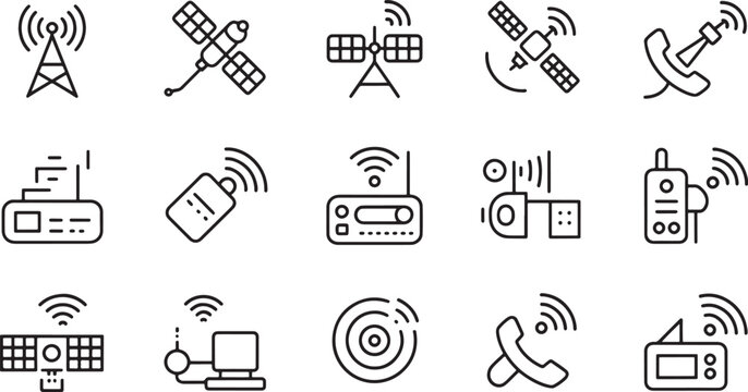 Antennas and Communication Devices Line Icons Set Depicting Various Forms of Broadcasting and Receiving Signals.