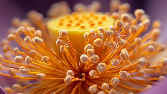 Close-up view of vibrant orange stamens and pistils of a lotus flower