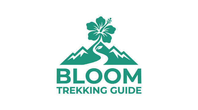 Mountain trekking guide logo with hibiscus flower and river graphic element