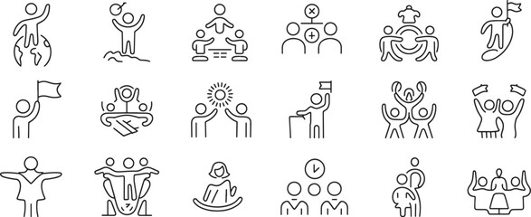 Fototapeta premium People Business Icons Set of Teamwork Concepts, Leadership, Success, Collaboration, and Human Resources with Line Art Style.
