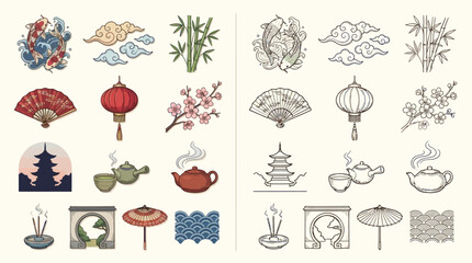 Collection of traditional Asian cultural symbols and elements, including cherry blossoms, lanterns, fans, and tea sets, presented in both color and line art. © renender