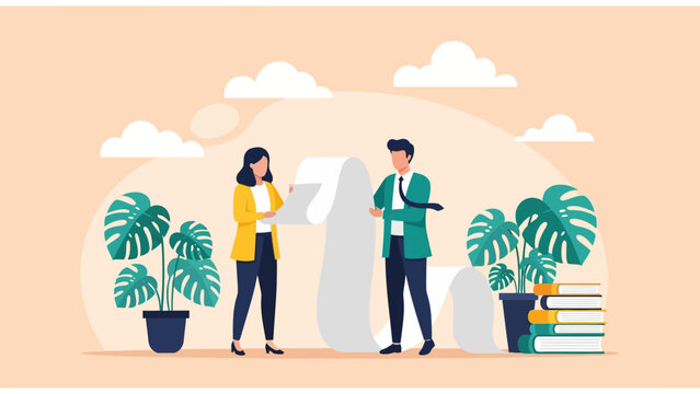 Business Professionals Reviewing Long Document flat illustration of a man and woman holding a long scroll paper surrounded by plants ideal for project management or business strategy.