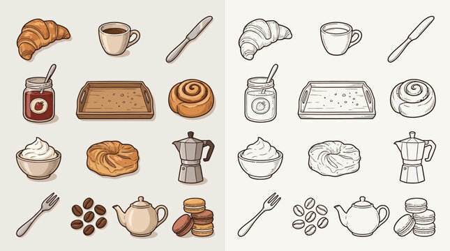 Collection of breakfast and coffee break icons, including croissants, coffee cups, jam, and pastries, presented in both color and outline versions.