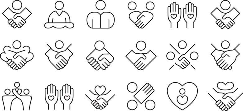 Icons of Outline Handshake and Human Interaction Pictograms, Black and White Vector Art with Various Cooperation and Partnership Concepts