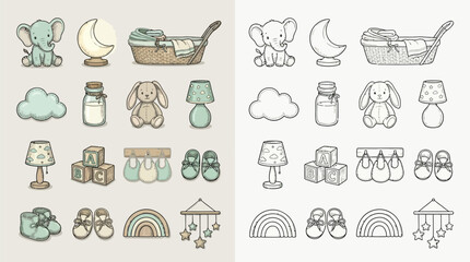 Collection of cute baby shower illustrations including elephants, moons, clouds, and baby items in both color and outline versions. © renender