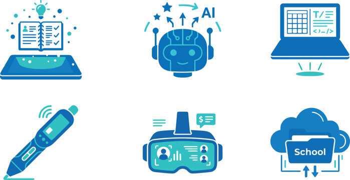 Education Technology Icons Featuring AI Study Assistant Smart Pencil and Virtual Reality Classroom Tools
