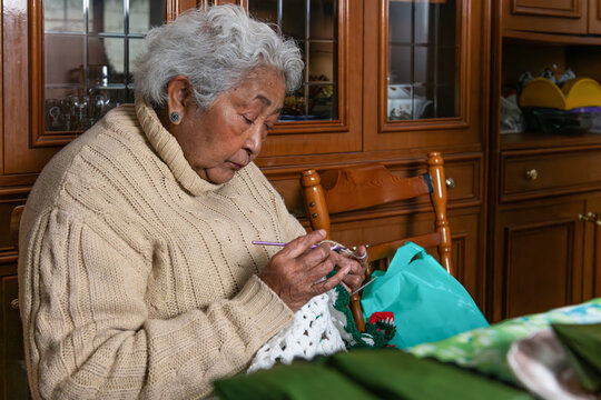 Elderly Woman Knitting in a Cozy Room at Home