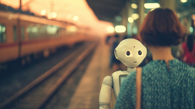 Robot greets a person at a busy train station during the evening rush