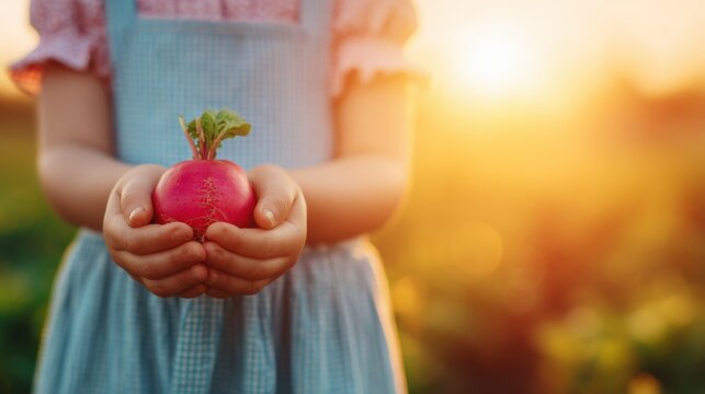 Child holds fresh radish during sunset on a farm in summer