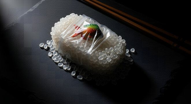 Top down view of dark slate plate with dissected sushi made from plastic pellets and transparent plastic bag with toy fish