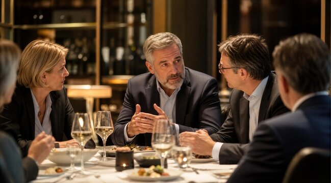 Business professionals discuss at a formal dinner