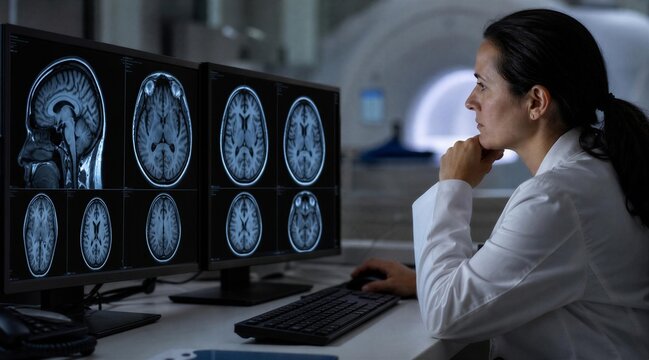 Doctor analyzing brain MRI scans on multiple monitors