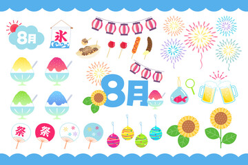 かわいい8月と祭りのイラストセット © Fumi Nakagawa