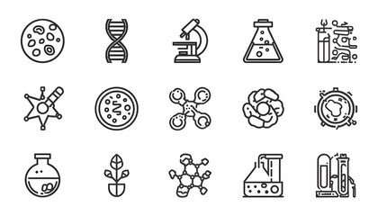 Fototapeta premium Biotechnology research vector line icon set, microscope, DNA strand, petri dish, test tube, laboratory flask, scientist, molecular structure