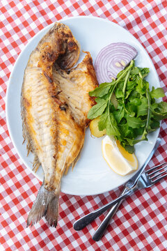 Grilled fish with vegetables on white plate