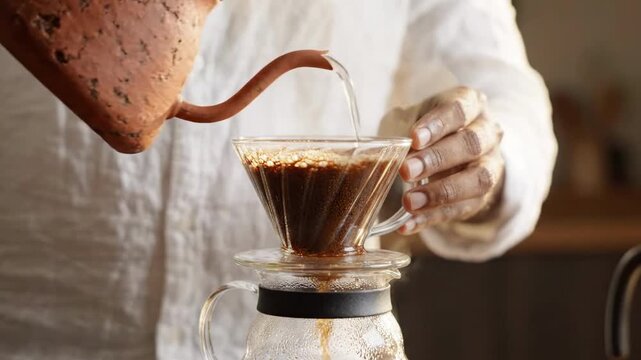 Hand pouring hot water from terracotta kettle onto coffee grounds in glass dripper