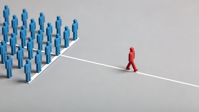 Red Figure Walking Away from Group of Blue Figures