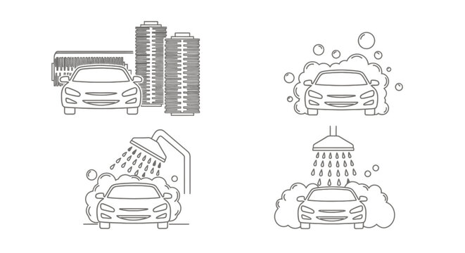 Four Icon Set of Car Wash Symbols with Foam, Bubbles and Cleaning Tools.