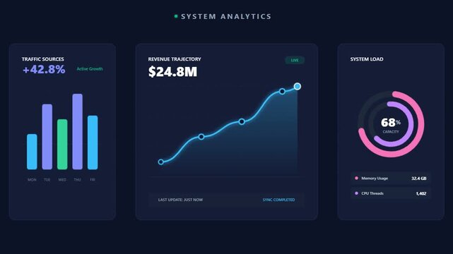 Dark Theme System Analytics Dashboard UI with Financial Revenue and System Load Charts.