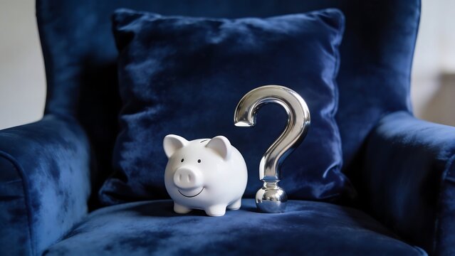 White Piggy Bank and Silver Question Mark on Blue Velvet Chair