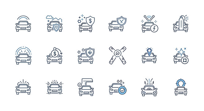 Collection of small line art robot icons in various poses and configurations for technology themed design.