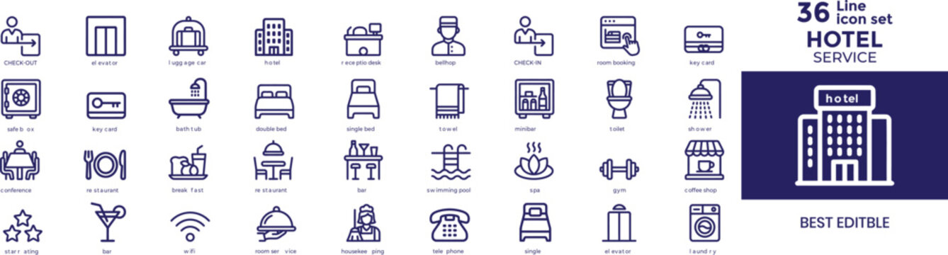 Hotel service editable solid icon set. Room, service, bed, reception, booking, and facilities. Solid vector icon collection. Hotel service icon set 36 line icons for hospitality travel businesses