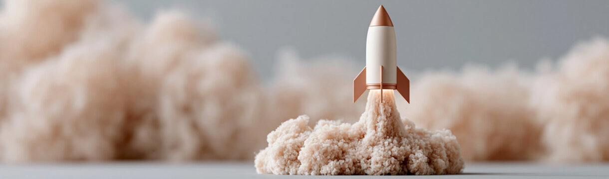 Rocket Launch: A toy rocket ascends amidst billowing smoke and dust, symbolizing new beginnings and ambitious journeys.