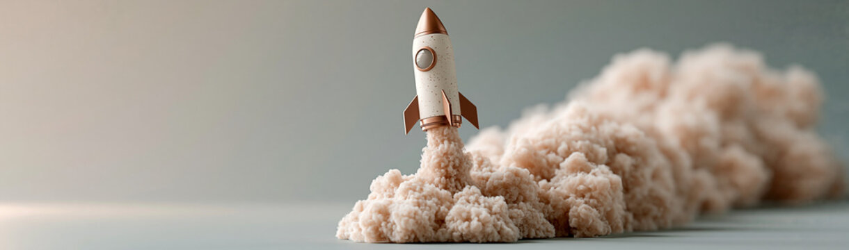 Rocket Launch: A stylized toy rocket blasts off, trailing a plume of fluffy smoke against a muted background, symbolizing new beginnings and innovation.