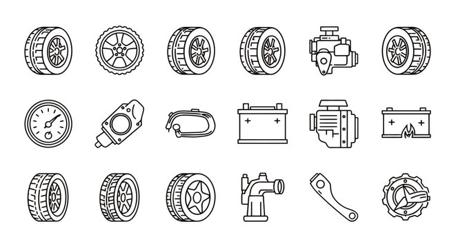 Collection of automotive tires, wheels, and handheld tool icons in a vector style.