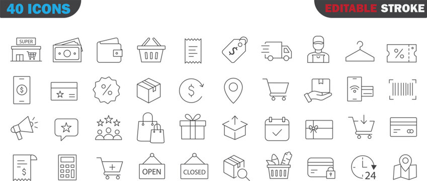 Shop icon sheet with editable stroke, transparent lcons, vector art, E-commerce Icon bundle all in one, online marketing   