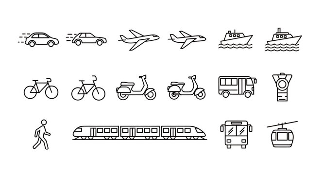 Line Art Icon Set of Urban Transportation: bicycles, scooters, cars, buses, trams, trains and pedestrians in a simple outline style.