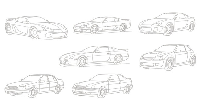 Set of light gray car sketches shown from multiple angles and perspectives.