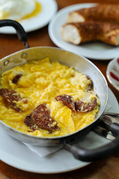 Turkish Sausage and Scrambled Eggs in Pan