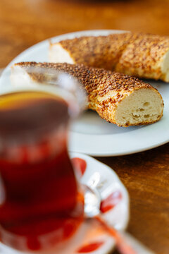 Turkish Tea with Sliced Simit on Plate