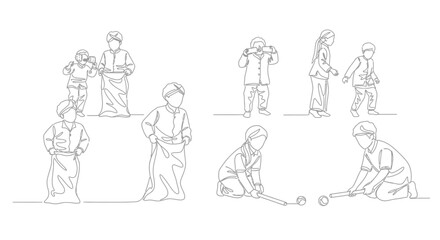 Obraz premium Children's Outdoor Games: Sack Race, Hopscotch, Ball Games - Line Art