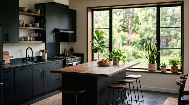 Modern kitchen with large window showing garden, featuring dark cabinets, wooden island, and plants during daylight hours